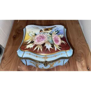 Rare,Vintage Limoges Hand Painted Bird & Floral Large Footed Chest W/Gold Detail